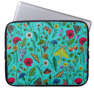 Capa Para Notebook Flores e mariposas selvagens em teal