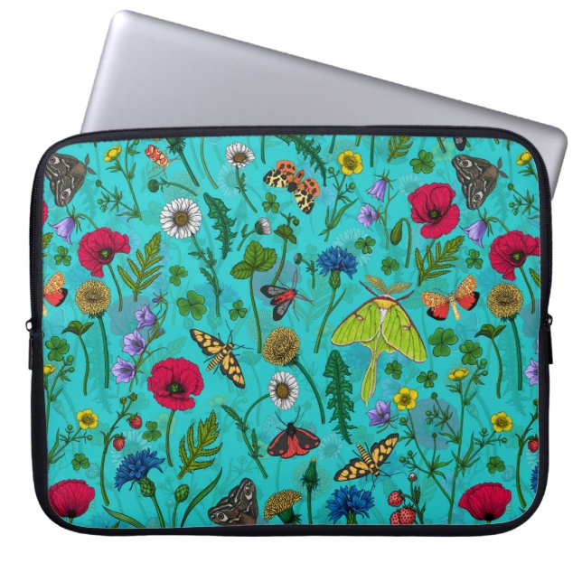 Capa Para Notebook Flores e mariposas selvagens em teal (Frente)