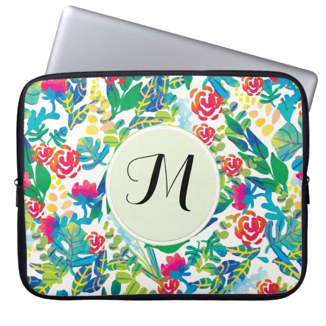 Capa Para Notebook Flores Florais, Monograma Fino (Frente)