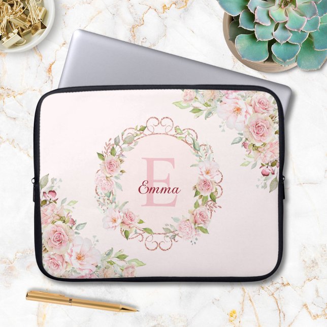 Capa Para Notebook Flores Florais Rosa Bege Aquarela Monograma (In situ)