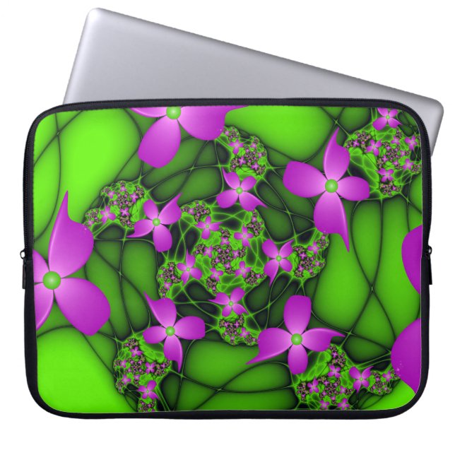 Capa Para Notebook Flores Fractais Abstratas Modernas Rosa Verde Neon (Frente)
