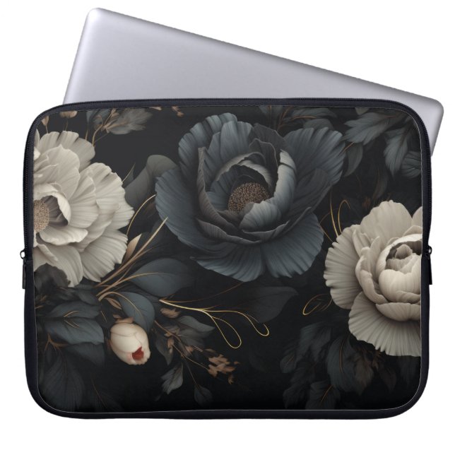 Capa Para Notebook Flores Pretas e Brancas (Frente)