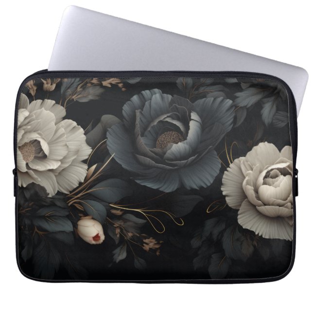 Capa Para Notebook Flores Pretas e Brancas (Frente)