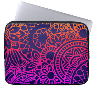 Capa Para Notebook Flores Roxas Laranja e Fundo Azul Marinho