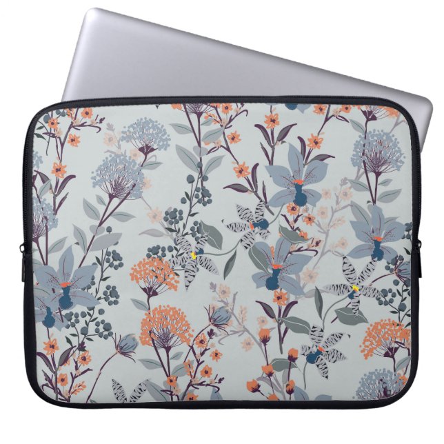 Capa Para Notebook Flores selvagens em padrão botânico azul. (Frente)