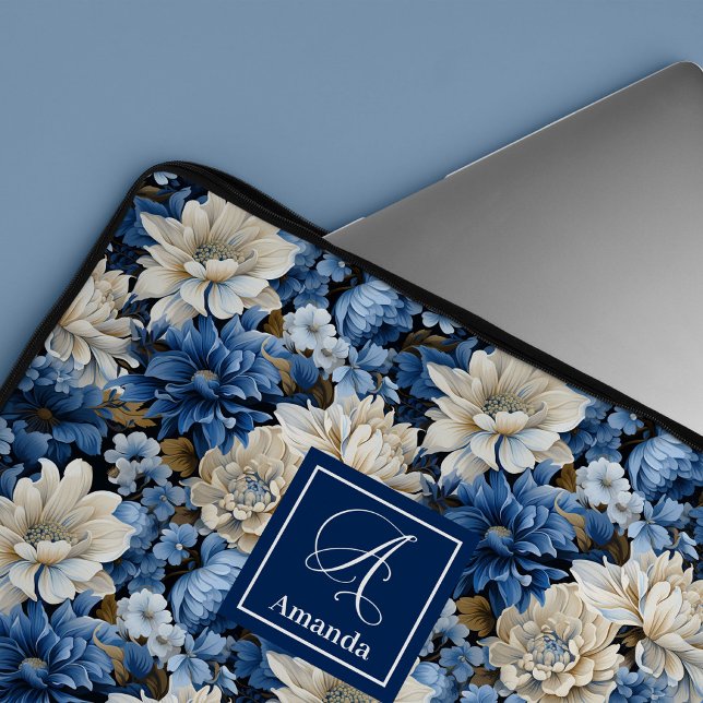 Capa Para Notebook Flores Sofisticadas Azul-Marinho Estojo de Laptop  (Sophisticated Navy Blue Flowers Luxury Laptop Sleeve)
