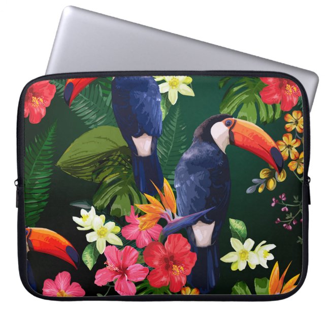 Capa Para Notebook Flores tropicais, tucano: fundo floral. (Frente)