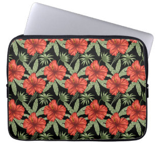 Capa Para Notebook Flores tropicais vermelhas Folhas verdes