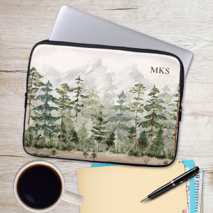 Capa Para Notebook Floresta de Pinheiro Verde Monograma em Aquarela n