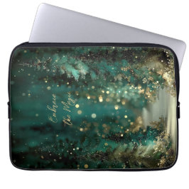 Capa Para Notebook Floresta Mágica Verde Turquesa com Bokeh Dourado