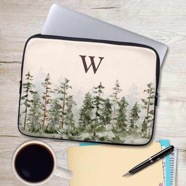 Capa Para Notebook Floresta Verde Rústica Aquarela Monograma (In situ)