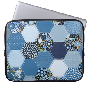 Capa Para Notebook Folha floral, colagem de denim: padrão azul.