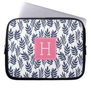 Capa Para Notebook Folhas Azuis e Monograma Rosa