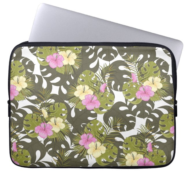 Capa Para Notebook Folhas da Selva Tropical e Padrão de Hibisco (Frente)