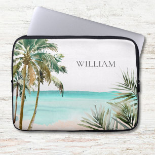 Capa Para Notebook Folhas de Palmeira Tropical Monogramada Praia Azul