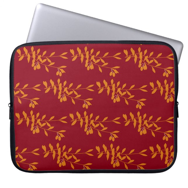 Capa Para Notebook Folhas do ramo da silhueta laranja em vermelho (Frente)