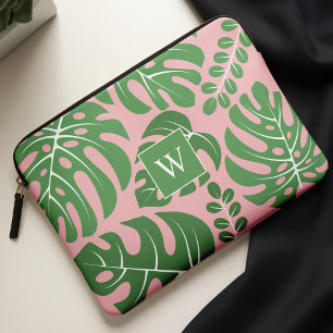 Capa Para Notebook Folhas Monogrammed de Monstera do rosa e do verde