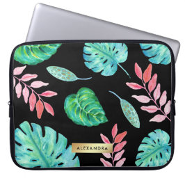 Capa Para Notebook Folhas tropicais da aguarela no preto com o falso