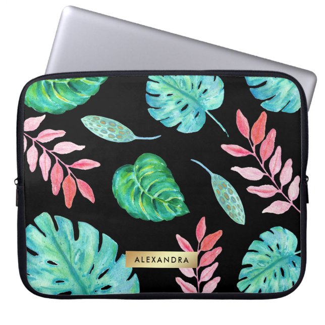 Capa Para Notebook Folhas tropicais da aguarela no preto com o falso (Frente)