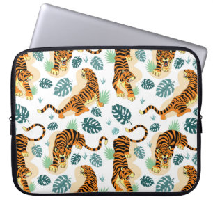 Capa Para Notebook Folhas Tropicais de Tigres: Ilustração Vintage.