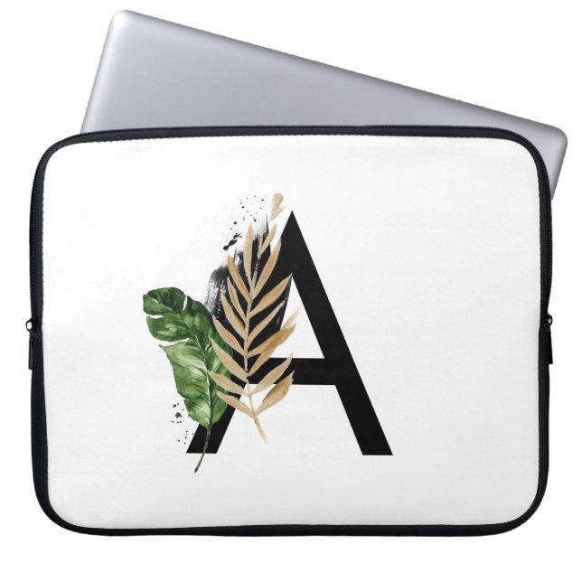 Capa Para Notebook Folhas Tropicais Faux Gold Foil - Letra A Monogram (Frente)