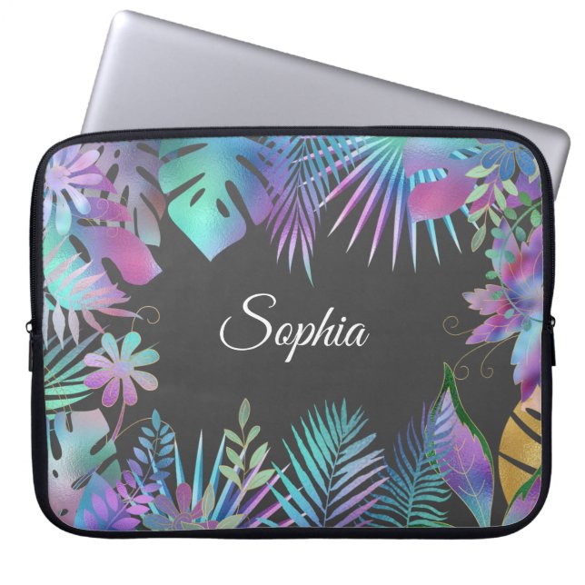 Capa Para Notebook Folhas Tropicais Iridescentes, Nome Branco, Cinza (Frente)