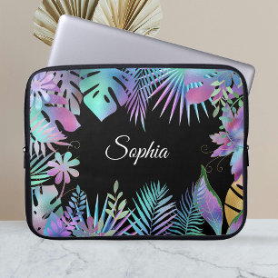 Capa Para Notebook Folhas tropicais iridescentes, nome branco sujo, p