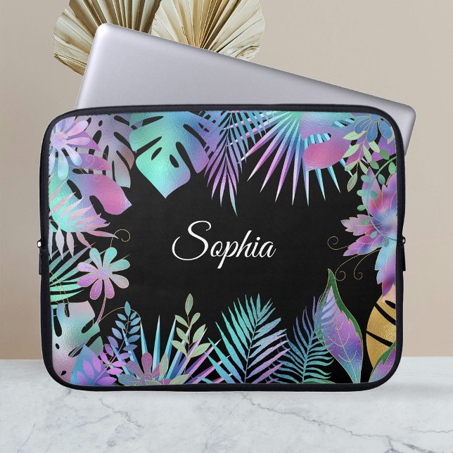 Capa Para Notebook Folhas tropicais iridescentes, nome branco sujo, p (Criador carregado)