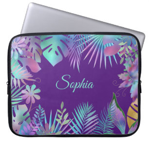 Capa Para Notebook Folhas Tropicais Iridescentes, Nome em Azul Turque