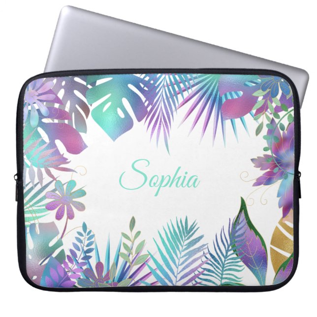 Capa Para Notebook Folhas Tropicais Iridescentes, Nome Púrpura Escuro (Frente)