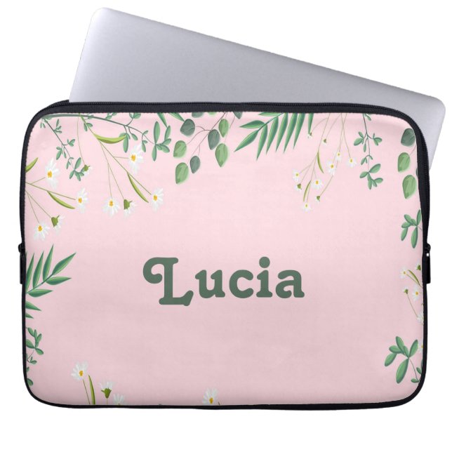 Capa Para Notebook Folhas verdes de nome personalizado a rosa (Frente)