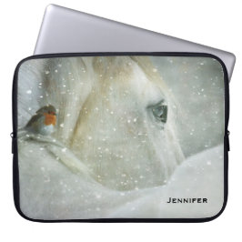 Capa Para Notebook Foto de um Cavalo Branco e Pássaro no inverno