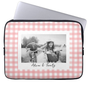 Capa Para Notebook Foto personalizada de Xadrez Gingham, rosa e branc