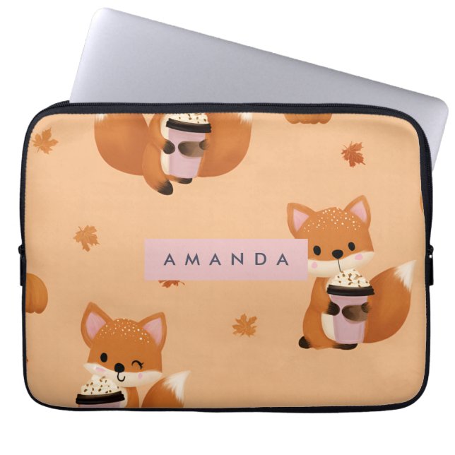 Capa Para Notebook Fox de outono personalizada com padrão de café (Frente)