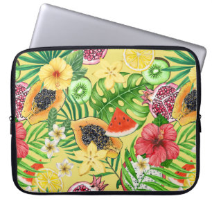 Capa Para Notebook Frutas tropicais, flores e folhas em amarelo