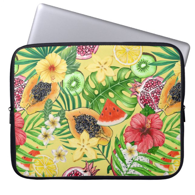 Capa Para Notebook Frutas tropicais, flores e folhas em amarelo (Frente)