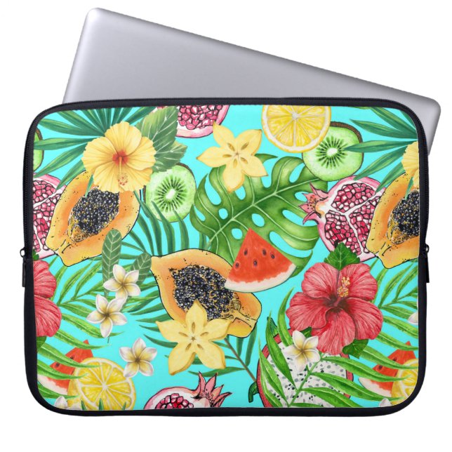 Capa Para Notebook Frutas tropicais, flores e folhas em azul (Frente)