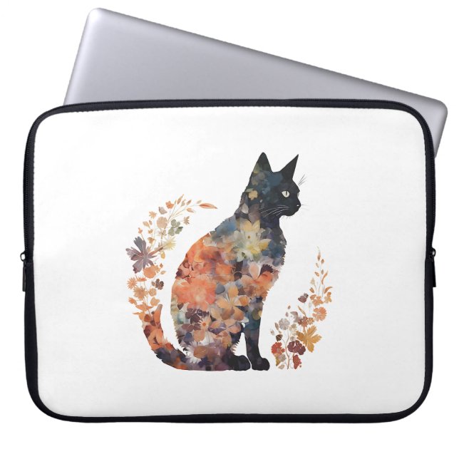 Capa Para Notebook Fumos Flores Florais de Gato Preto (Frente)