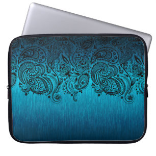 Capa Para Notebook Fundo Azul Metálico com rendas de salsa pretas