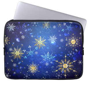 Capa Para Notebook Fundo Azul XMAS com Flocos de Neve Ouro