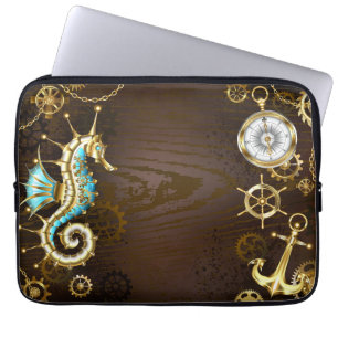 Capa Para Notebook Fundo de madeira com cavalo de mar mecânico