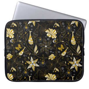 Capa Para Notebook Fundo floral ouro preto-branco