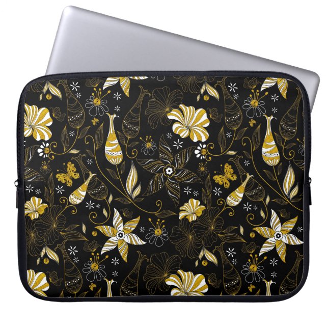 Capa Para Notebook Fundo floral ouro preto-branco (Frente)