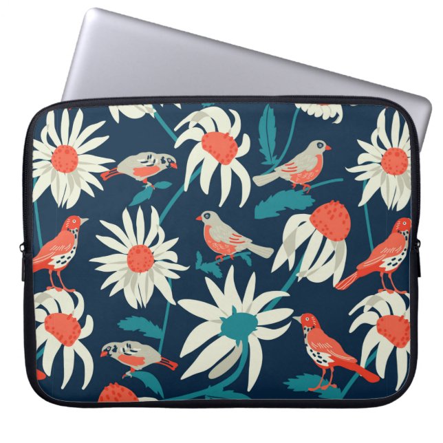 Capa Para Notebook Fundo sem costura com flores e aves (Frente)