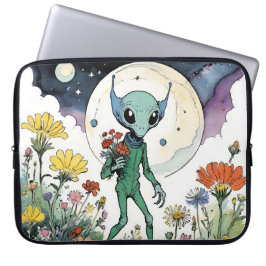 Capa Para Notebook Funny Alien Picking Flowers With Full Moon