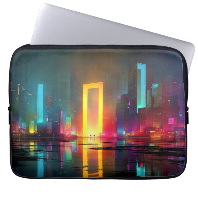 Capa Para Notebook Futuristic City with Radiant Neon Portal (Frente)