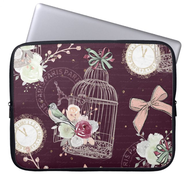 Capa Para Notebook Gaiola De Pássaros Florais Franceses Elegante (Frente)