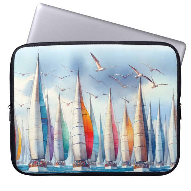 Capa Para Notebook Gaivotas Voando Alto Com Uma Regata De Velas (Frente)