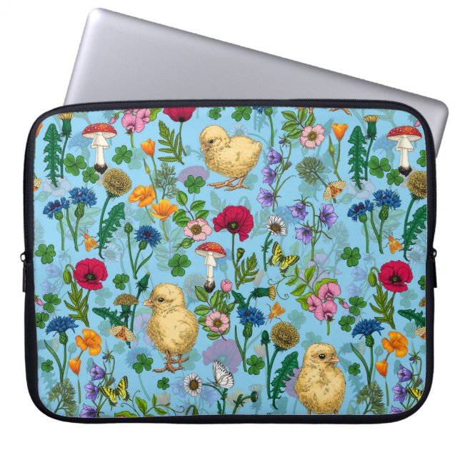 Capa Para Notebook Galinhas e flores silvestres em azul-bebê (Frente)