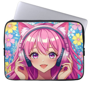 Capa Para Notebook Garota Anime Rosa Fofa com Fones de Ouvido